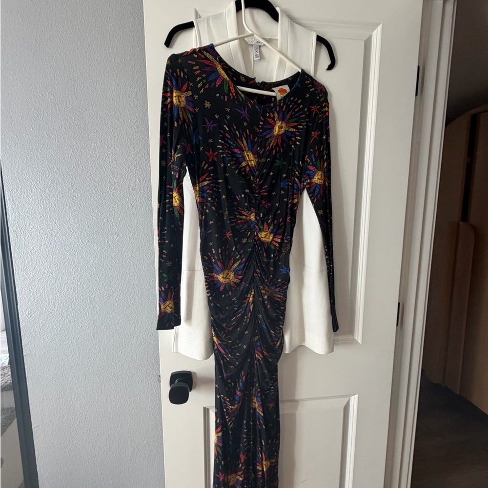 FARM Rio Black Floral Burst Long Sleeve Maxi Dress with Multicolor Print
